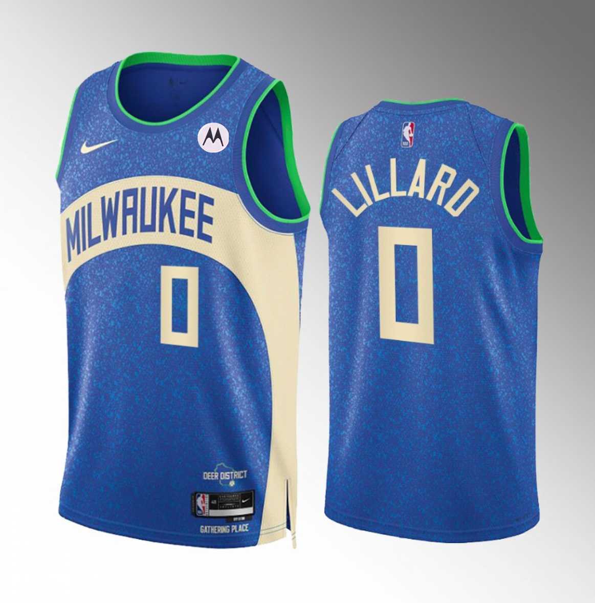 Men%27s Milwaukee Bucks #0 Damian Lillard Blue 2023-24 City Edition Stitched Basketball Jersey Dzhi
